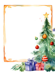 Watercolor frame background with Christmas tree, ornaments and gifts and white copy space for text
