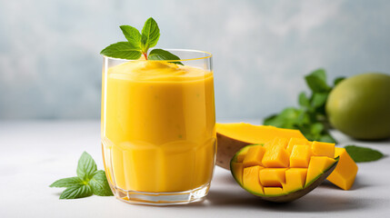 Mango smoothie in a glass with fresh mango and mint on a light background