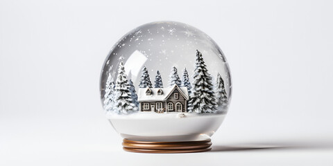 Christmas snow globe with green pine trees and snow inside, isolated on white background