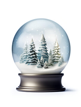 Christmas snow globe with green pine trees and snow inside, isolated on white background