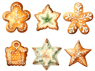 Obraz premium Set of different watercolor ginger bread cookies isolated on white background
