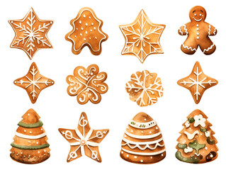 Set of different watercolor ginger bread cookies isolated on white background - obrazy, fototapety, plakaty