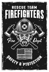 Firefighters vintage black poster with fireman head in helmet and crossed axes vector illustration. Layered, separate grunge texture and text
