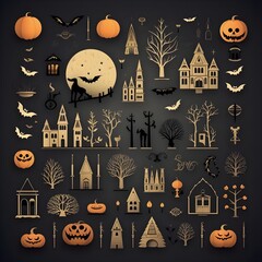 Halloween background icons of haunted house, pumpkins, bats and candles