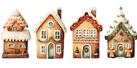 Set of different watercolor ginger bread house isolated on white background