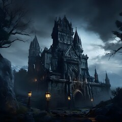 Halloween background with haunted house and full moon. Vector illustration.