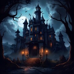 Halloween background with haunted house and full moon. Vector illustration.
