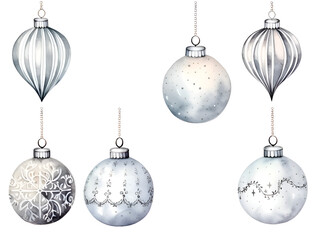Set of grey watercolor Christmas ornament balls isolated on white background 