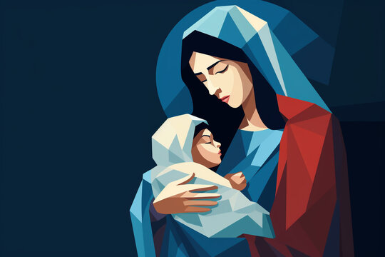 Culture and religion concept. Holy Mary holding baby Jesus Christ. Colorful illustration drawing in minimalist style. Generative AI