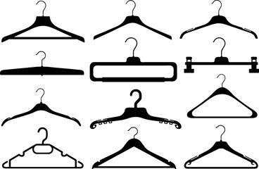Collection of different coat hangers isolated on white