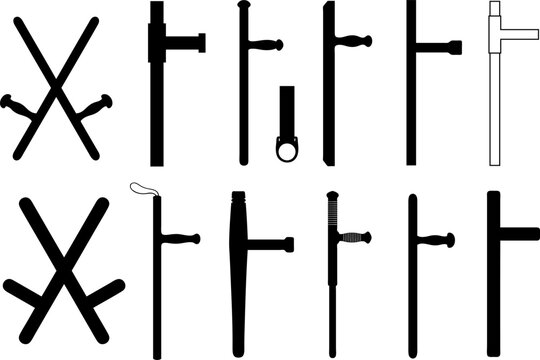 Set of different Tonfa nightstick martial weapons isolated on white