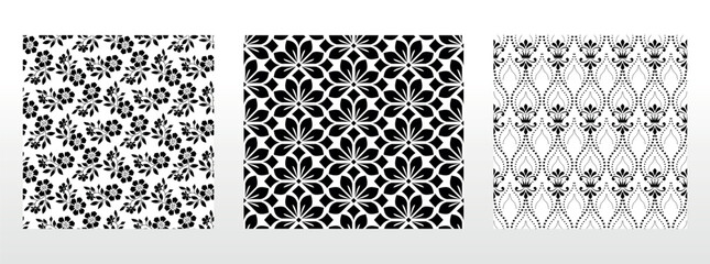 Geometric floral set of seamless patterns. White and black vector backgrounds. Damask graphic ornaments.