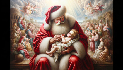 Santa's Gift of Love: Holding the Newborn Jesus - obrazy, fototapety, plakaty