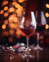 Foto op Plexiglas Close up of a glass of red wine on a wooden table. Lights blurred in the background. Holiday celebration. © Dragan