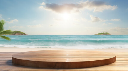 Wooden platform podium with a beach in the background, product presentation background - obrazy, fototapety, plakaty