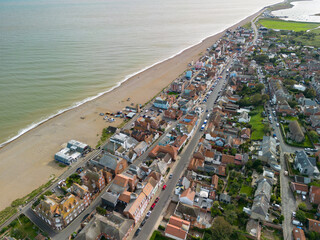 Drone high altitude view of the popular tourist resort of Aldeburgh, Suffolk. The distance shows Orford Ness and the estuary.