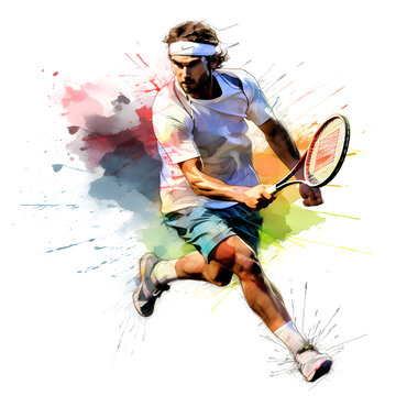 tennis player in action, watercolor