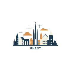 Obraz premium Ghent Belgium cityscape skyline city panorama vector flat modern logo icon. Flanders region emblem idea with landmarks and building silhouettes. Isolated graphic