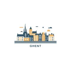  Ghent Belgium cityscape skyline city panorama vector flat modern logo icon. Flanders region emblem idea with landmarks and building silhouettes. Isolated graphic