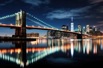 Fototapeta premium Brooklyn Bridge and Manhattan skyline at night, New York City, brooklyn bridge night exposure, AI Generated