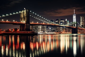 Fototapeta na wymiar Brooklyn Bridge and Manhattan skyline at night, New York City, brooklyn bridge night exposure, AI Generated