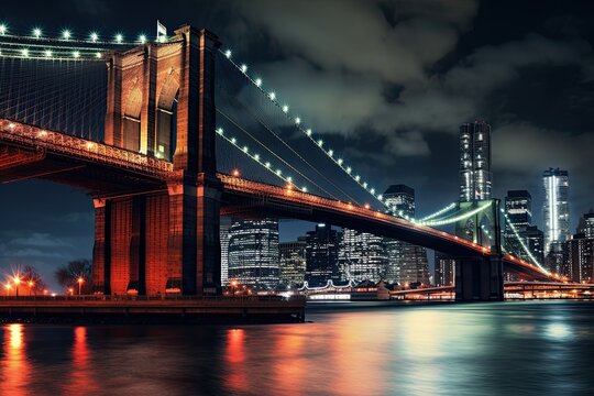 Fototapeta Brooklyn Bridge at night, New York City, United States, brooklyn bridge night exposure, AI Generated