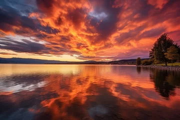 Fototapete Reflection Colorful sunset on the lake. Dramatic and picturesque scene, Bright sunset over lake Geneva, Switzerland, golden clouds reflect in the water, AI Generated