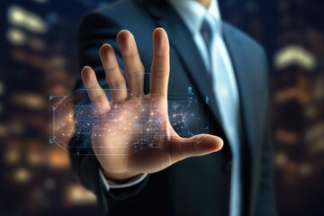 businessman hand with virtual screen over blur city background, technology concept, Businessman hand on blurred background using digital holographic interface 3D rendering, AI Generated