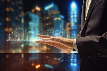 Businessman hand holding building model over blurred cityscape background, real estate concept, Businessman hand on blurred background using digital holographic interface 3D rendering, AI Generated