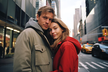 Young beautiful romantic couple hugging  smile and walk on the streets of New York , look at the camera