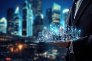 Close up of businessman holding construction project over cityscape background. Mixed media, Businessman hand on blurred background using digital holographic interface 3D rendering, AI Generated