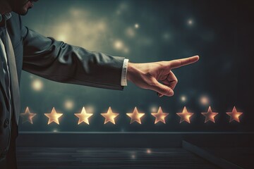 Businessman pointing at five star rating on dark background with copy space, Businessman hand touching a star rating concept on a touch screen with his finger, AI Generated - obrazy, fototapety, plakaty