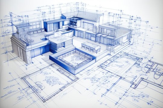 Architecture plan of modern house with blueprints. 3D rendering, building project plan blueprint of a modern house, AI Generated