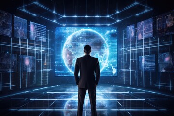 Rear view of businessman looking at digital earth hologram on abstract background, Businessman standing in front of a big hologram screen showing global network system, rear view, AI Generated - Powered by Adobe