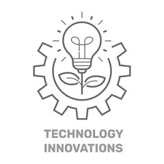 Vector technology innovations concept in line style. Light bulb is growing and wheel gear. Innovation in technologies idea concept. Technology innovations. Editable Stroke. EPS 10