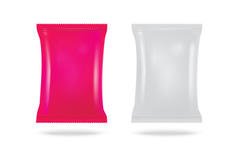 Realistic pink and silver snack plastic packaging isolated on white background. Vector illustration EPS 10.