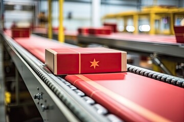 Conveyor belt with a box with the flag of the Republic of China. Cardboard boxes with red color Chinese flag on the roller conveyor, AI Generated - obrazy, fototapety, plakaty