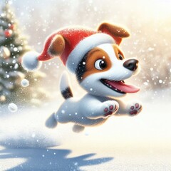 Ein Jack Russel Hund an Weihnachten im Feld aus Schnee