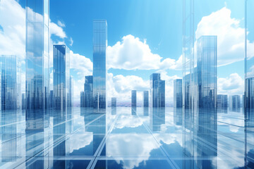 Abstract glass skyscrapers in vivid blue sky with clouds background. Minimalist and surreal fantasy background. Vivid blue sky. Background with copy space. Generative AI - obrazy, fototapety, plakaty