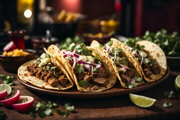 Mexican tacos with marinated meat, onions, pineapple and coriander. Generative AI.