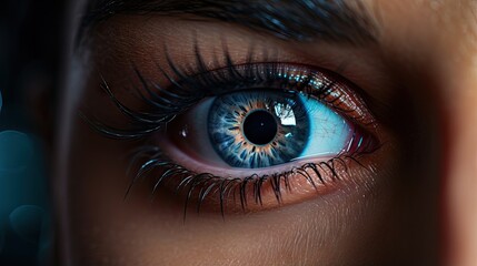 Close-up of a woman's left blue eye.