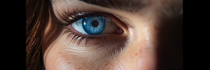 Close-up of a woman's left blue eye.