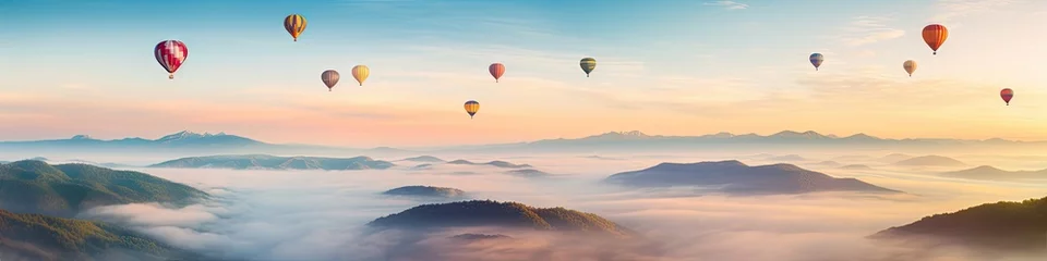 Papier Peint photo Destinations Colorful balloons float above mountains, rivers, and seas of mist.