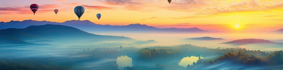 Colorful balloons float above mountains, rivers, and seas of mist.