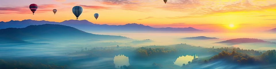 Photo sur Plexiglas Destinations Colorful balloons float above mountains, rivers, and seas of mist.