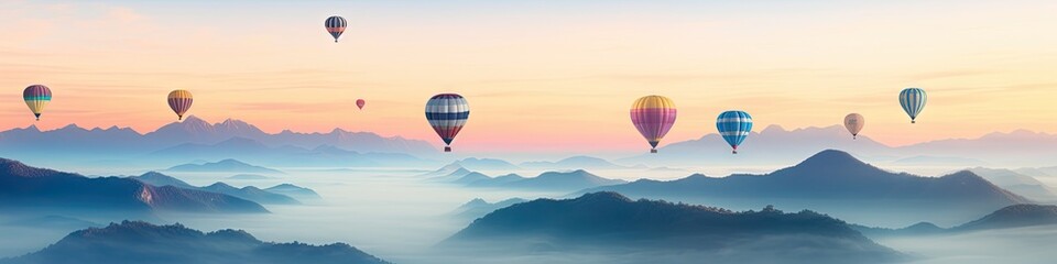 Colorful balloons float above mountains, rivers, and seas of mist.