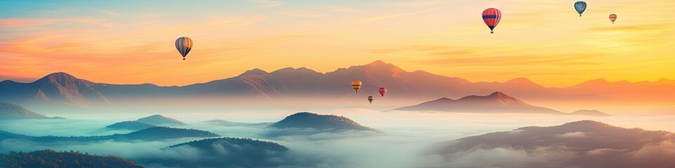Fototapeta premium Colorful balloons float above mountains, rivers, and seas of mist.