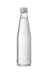 Purified water in transparent glass bottle with water droplets and ice crystals isolated. Transparent PNG image. - obrazy, fototapety, plakaty
