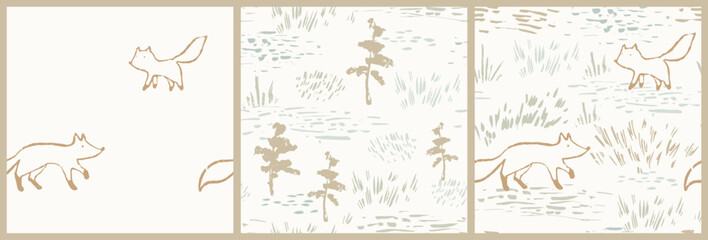 Foxes forest seamless pattern. Hand drawn meadow landscape. Woodland vector - 659297755