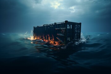 Sunken shipping container at sea. Generative AI